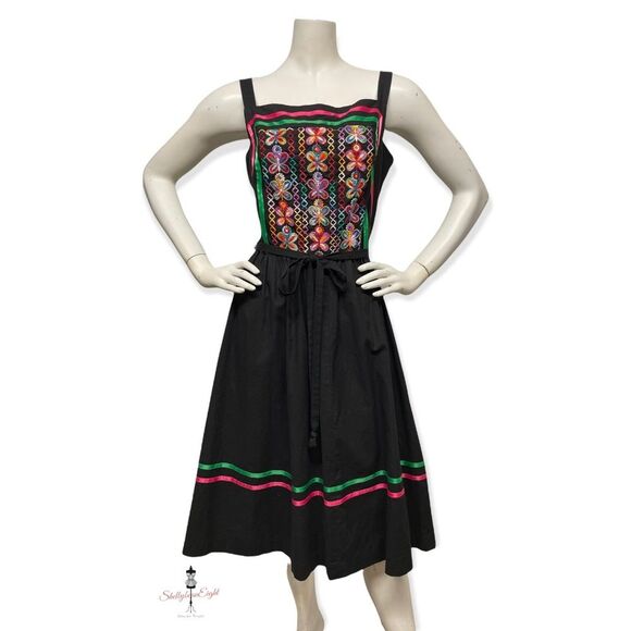 VINTAGE 70s 80s Embroidered BUTTERFLIES Folk Art Peasant Sun Dress Boho 8 10 M - Picture 7 of 16